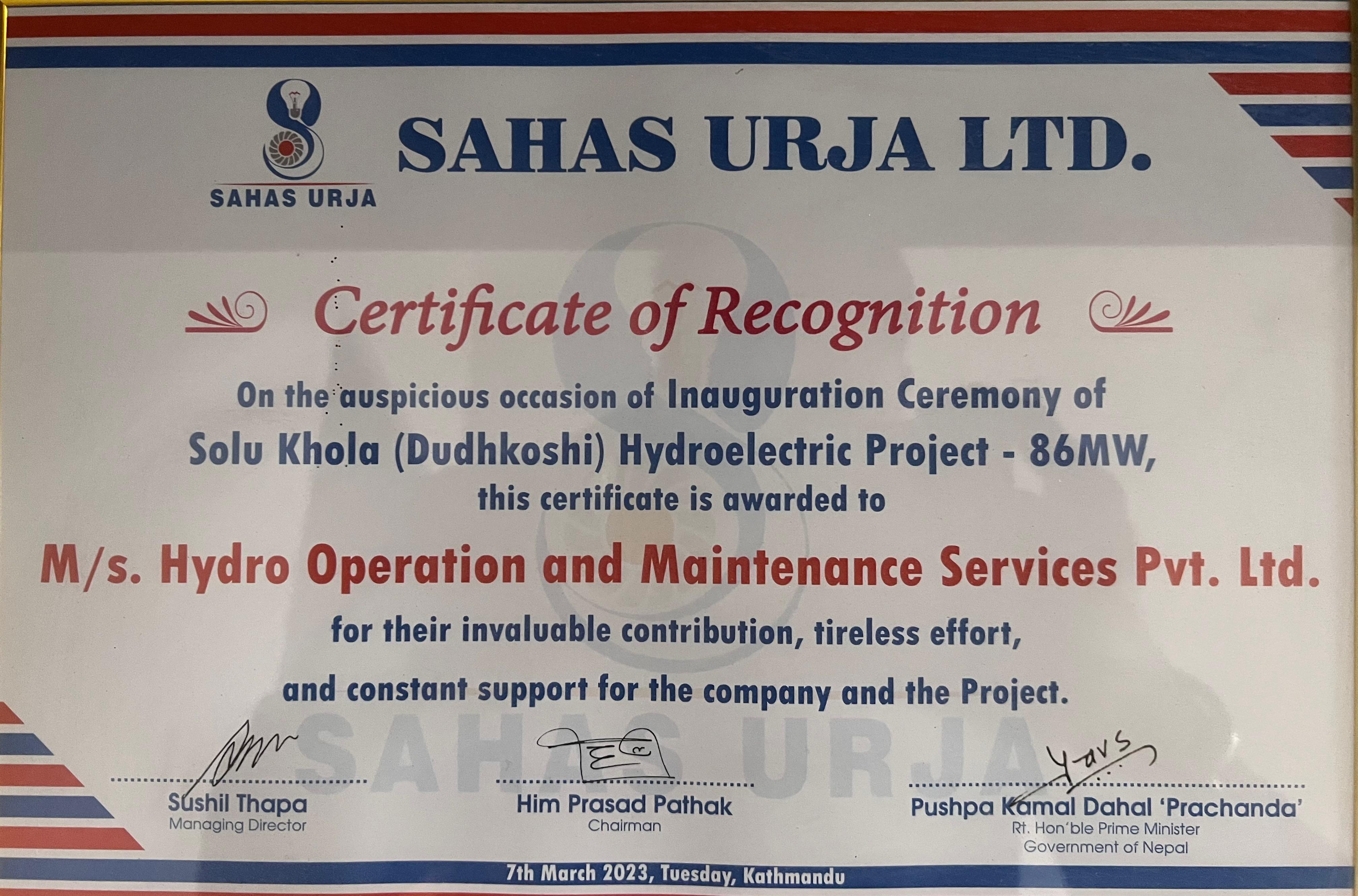 CERTIFICATE OF RECOGNITION